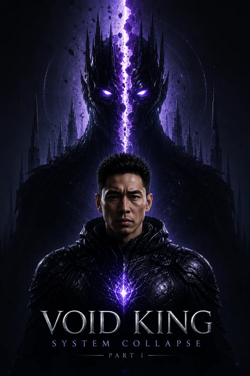 Void King Half Form portrait in a fractured mirror chamber